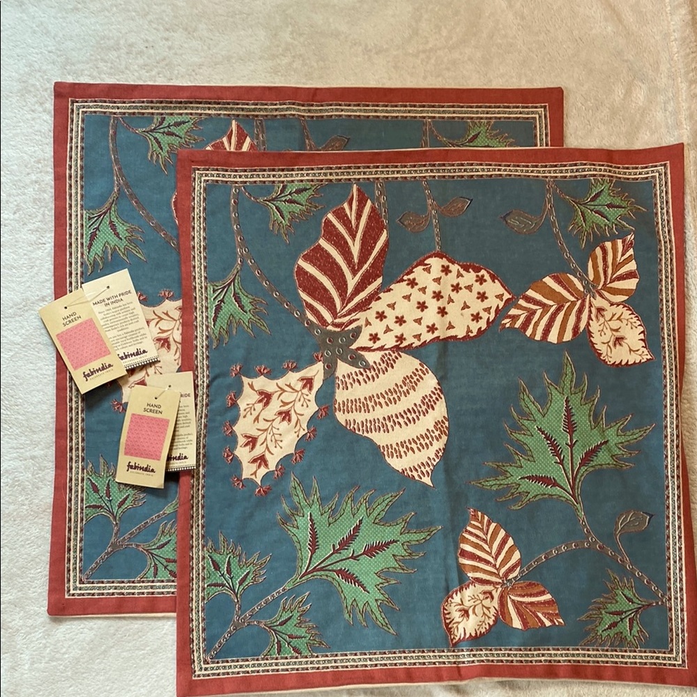 NWT Fabindia Blue Inaya cotton printed accent throw pillow covers SET OF TWO - Picture 3 of 12